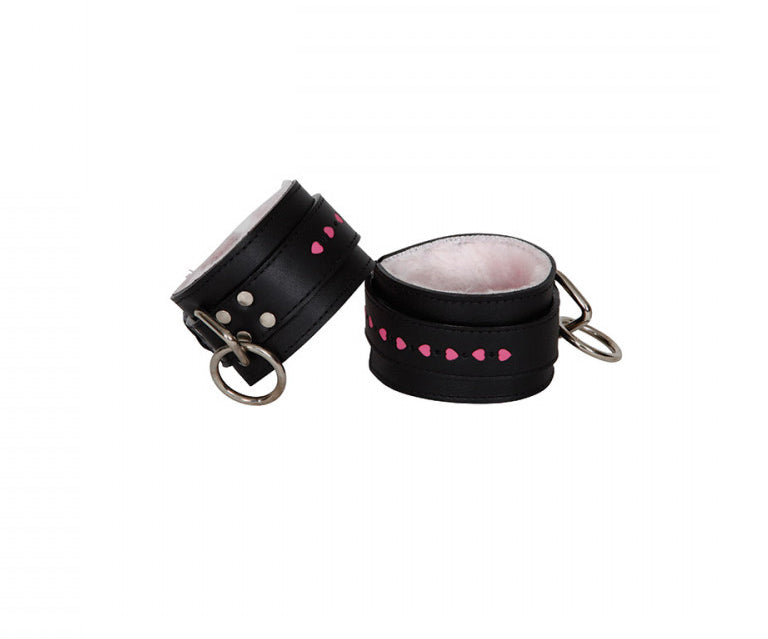 Sex Kitten Wrist Cuffs Black Leather w/ Pink Fur - Melody's Room