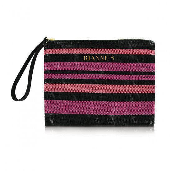 Rianne S Classique French Rose Pink Vibe with sequined stripes make-up bag - Shop Melody's Room
